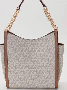 Michael Kors Beige Signature Tote Bag Newbury Chain Shoulder Bag Vinilla Acorn
